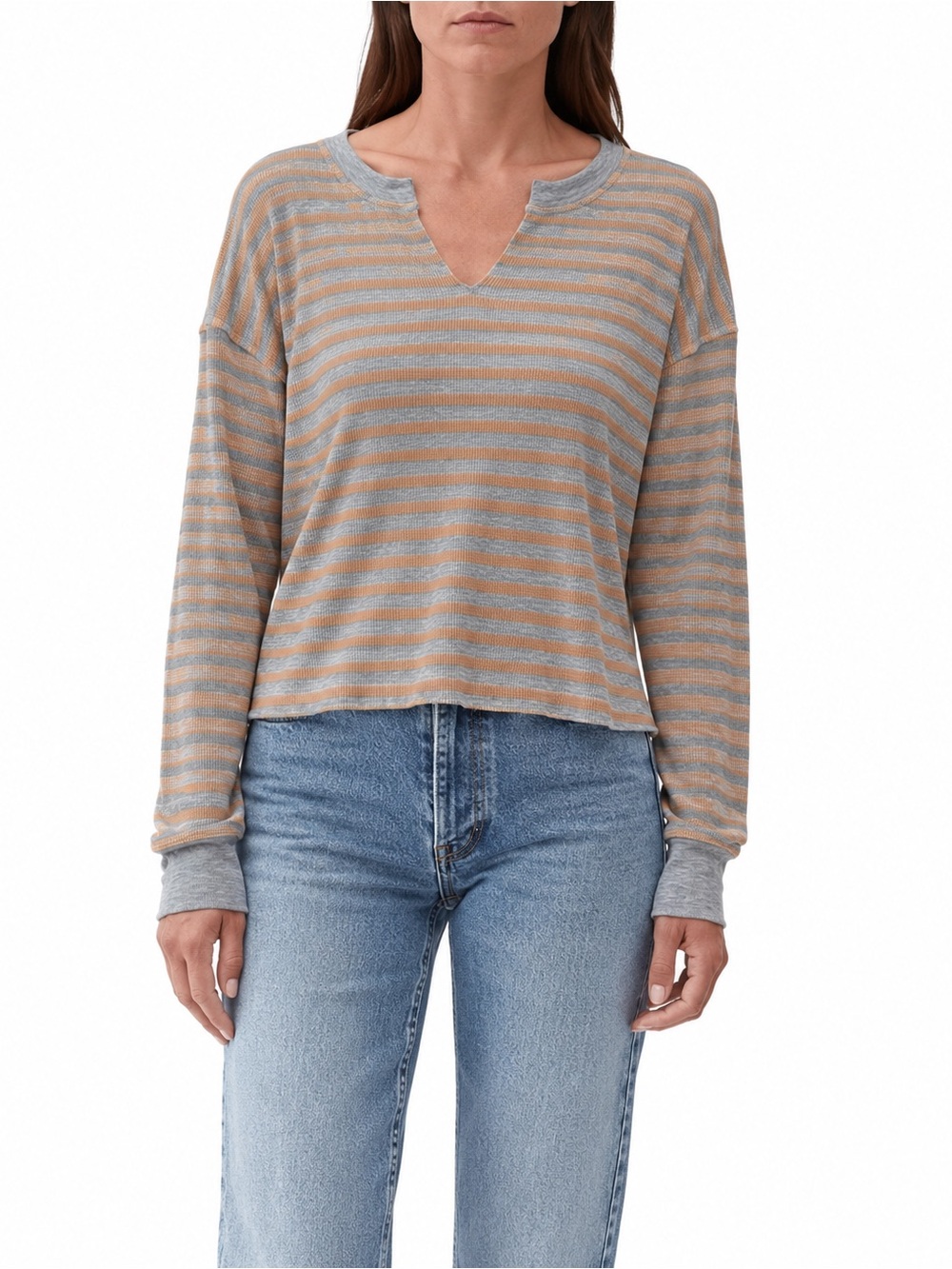 Michael Stars Striped Notch V-Neck Thermal Knit Top Gray Tan Women Size M